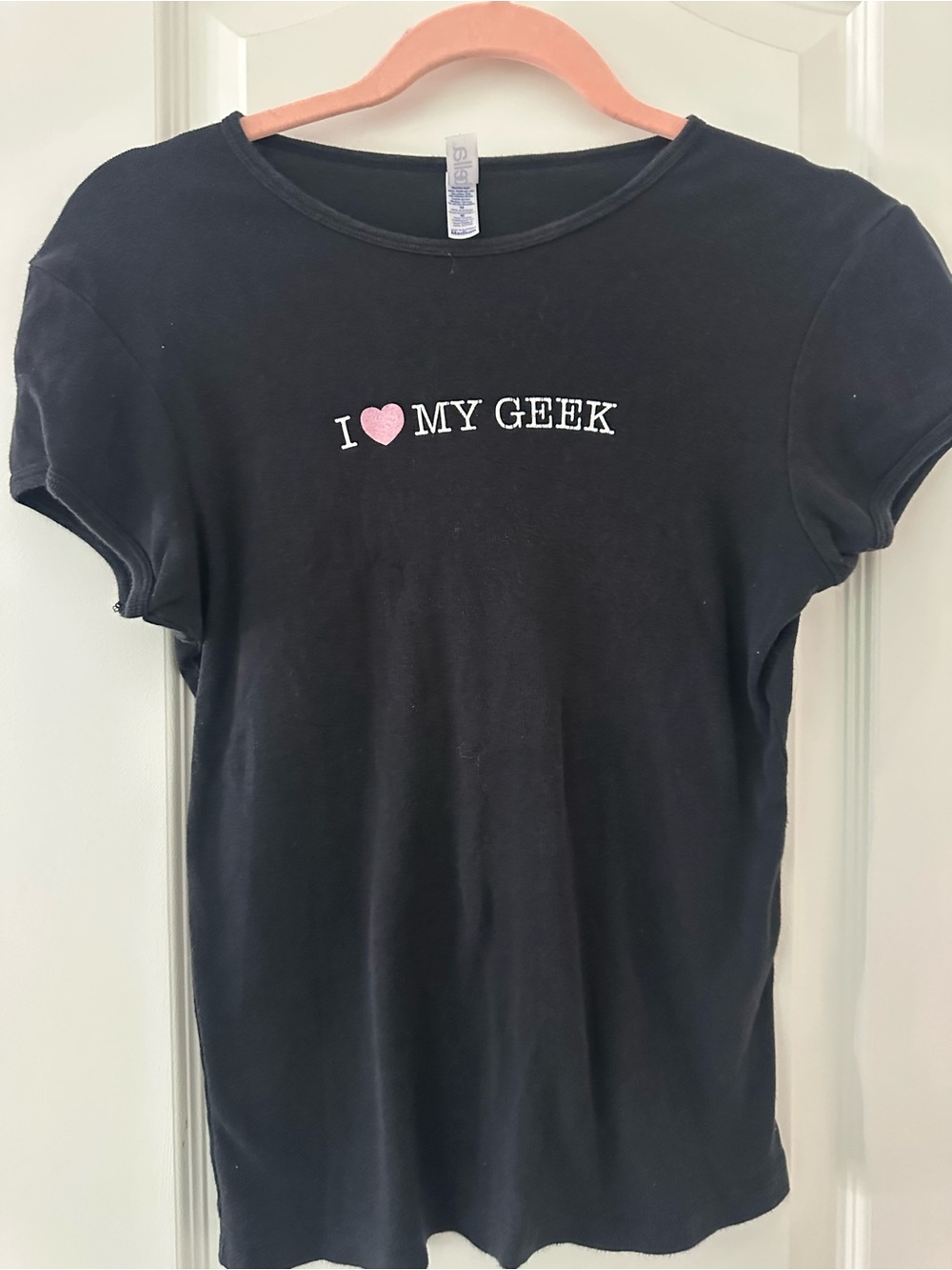 Bella Canvas Black Full Length Baby Tee with Pink Heart "I ♥ MY GEEK"